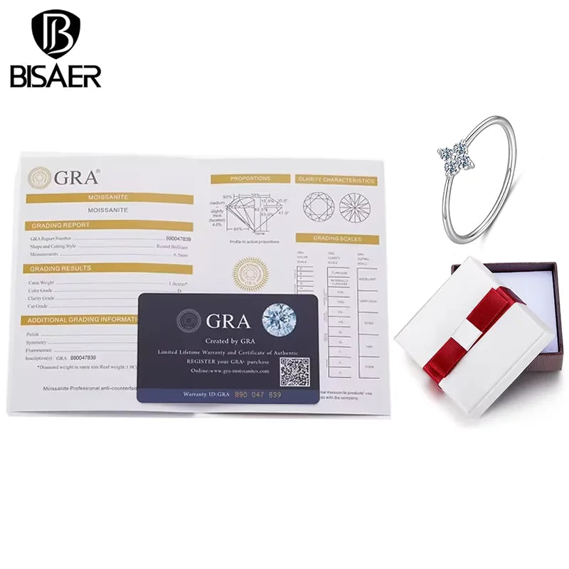 BISAER 925 Sterling Silver Moissanite Lucky Four-Leaf Clover Ring VVS1 EX Delicate Lab Diamond Forever Band Women Fine Jewelry