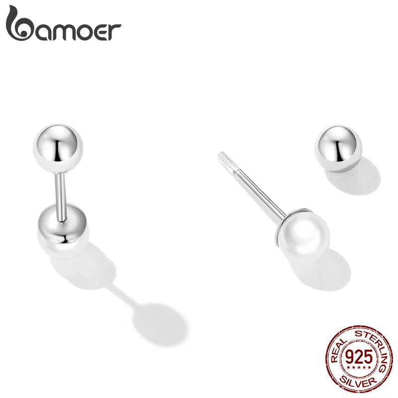 BAMOER 925 Sterling Silver Charm Pearl Beads Stud Earrings For Women Trendy Mini Ball Earrings Fine Jewelry for Daily Wear
