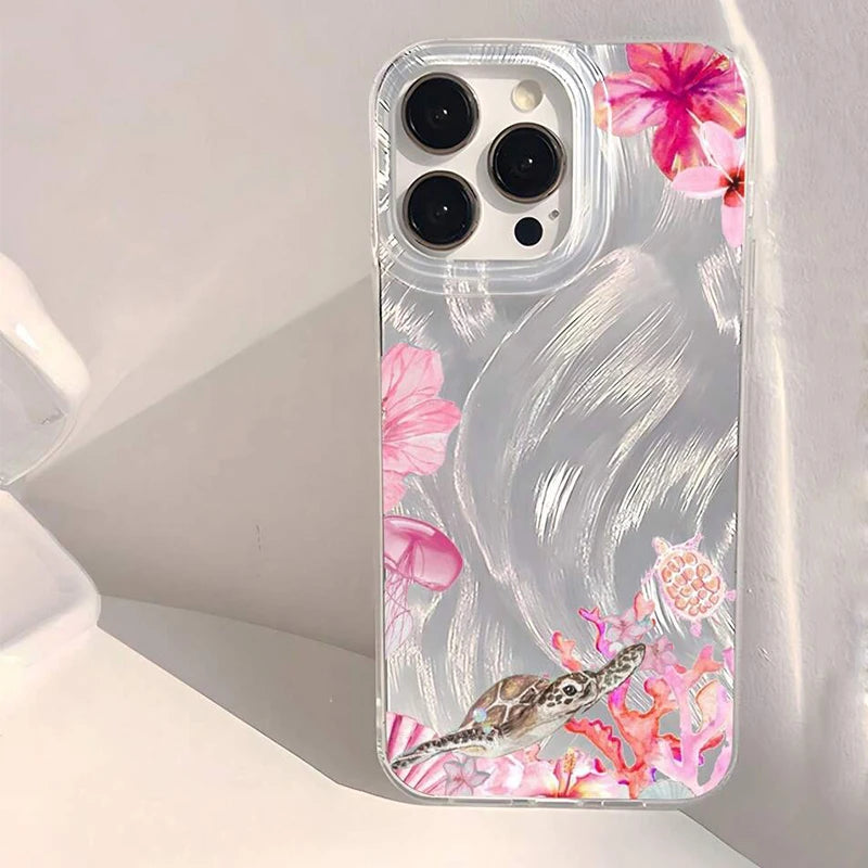 Case For iPhone 17 16 15 Pro Max Air 16E 14 13 12 11 XS XR Summer Pink Flower Starfish Pattern Case For iPhone 7 8Plus SE2 Cover