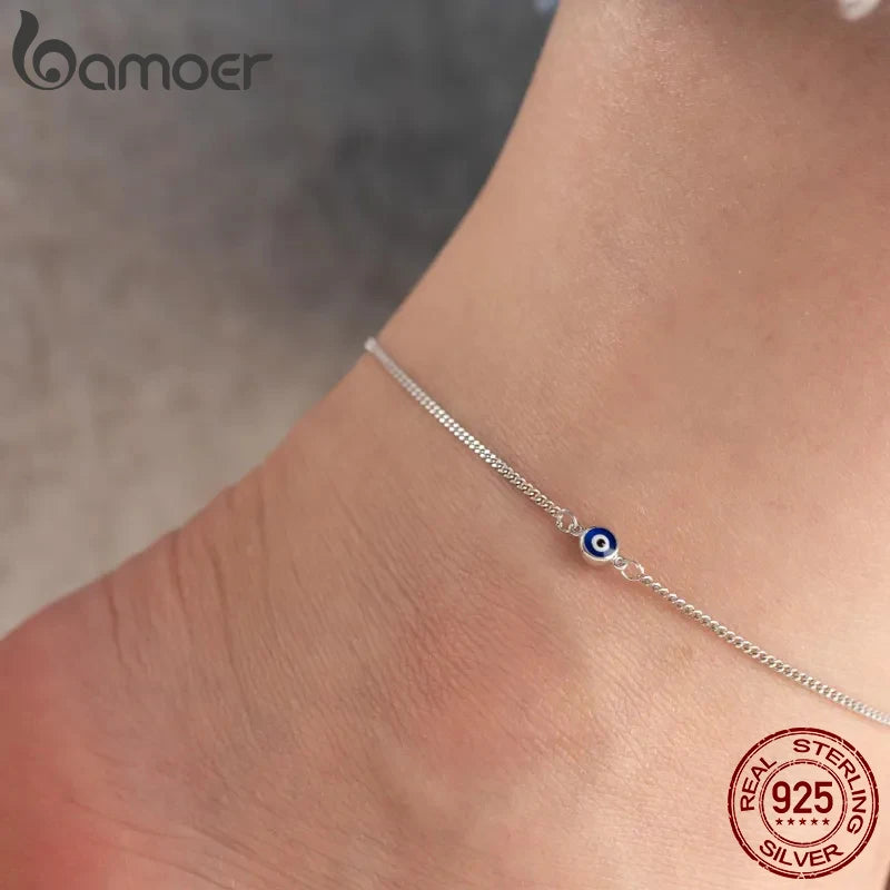 BAMOER 925 Sterling Silver Blue Evil Eye Charm Anklet for Women, Gold Plated Beach Party Trendy Jewelry Girl Guard Gift