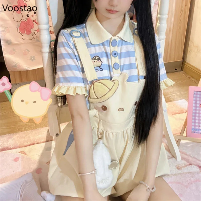 Sweet Lolita Style Shorts Women Casual Kawaii Cartoon Embroidery Overalls Short Pants Japanese Girls Cute Party Bloomers Shorts
