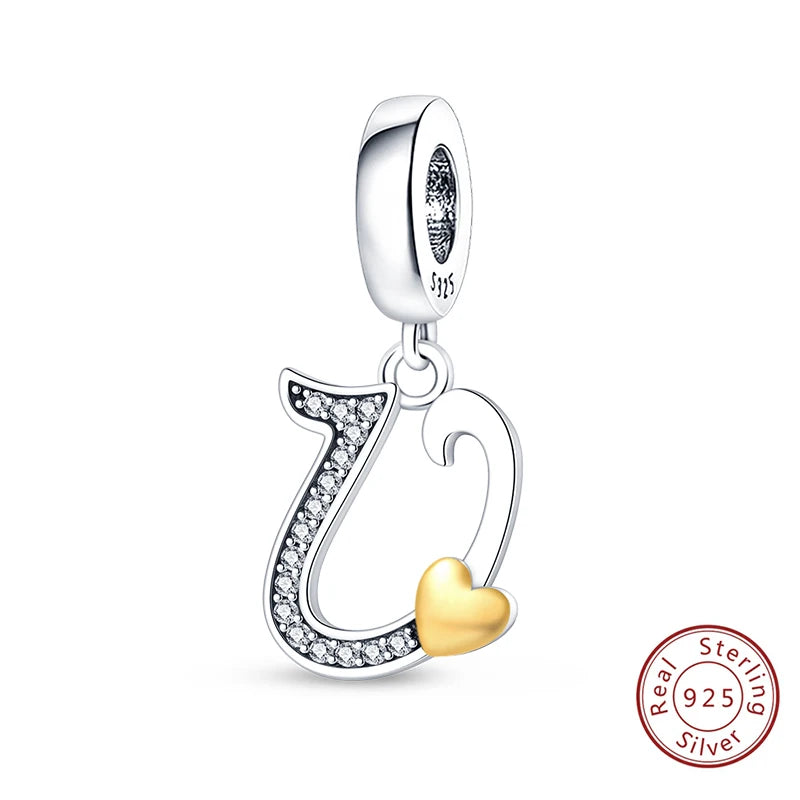 Classic 925 Sterling Silver 26 Gold Color Heart Zircon Letter A-Z Charms Beads Fit Original Bracelets DIY Birthday Jewelry Gift