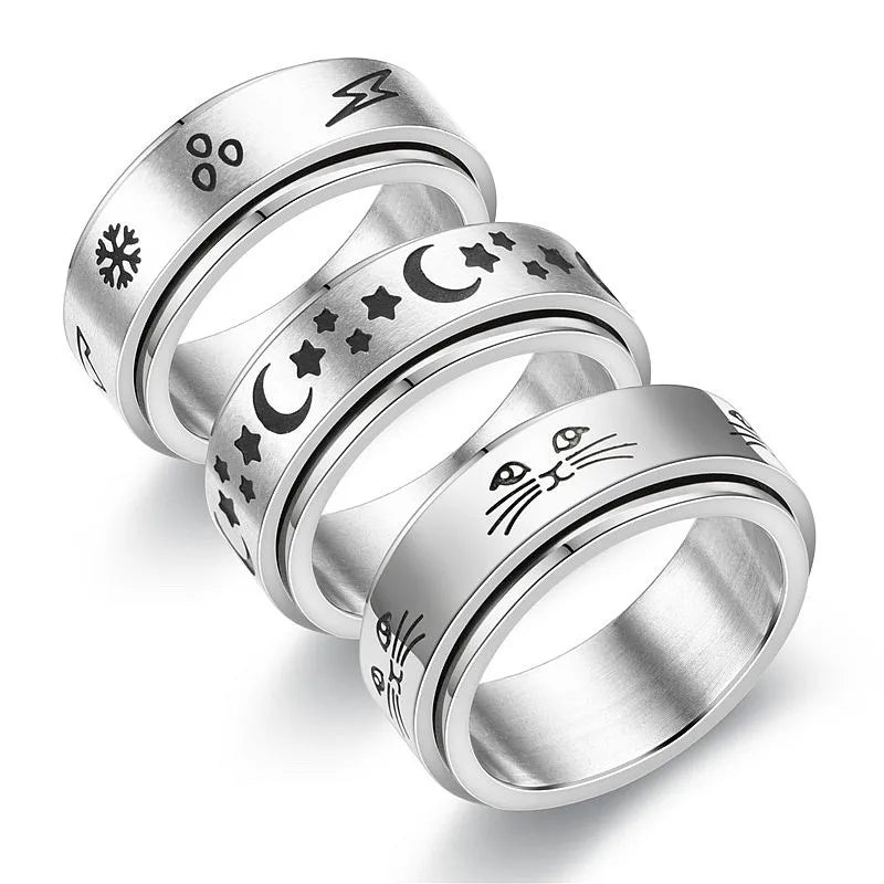 Silver Color Spinning Anxiety Rings for Men Women Star Moon Relaxing Ring 2025 Stainless Steel Anti Stress Rings Knuckle Jewelry