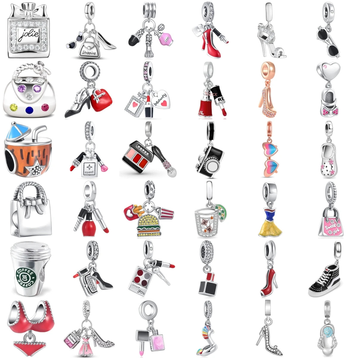 New Fashion 925 Sterling Silver Red High Heels Sunglasses Lipstick Perfume Charm Pendant DIY Fit Original Bracelet Jewelry Gift