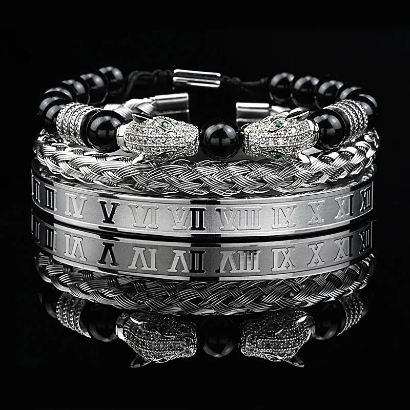 Luxury Black Stone Beads Leopard Head Man Bracelet Enamel Stainless Steel Roman Bangles Women Jewelry Set