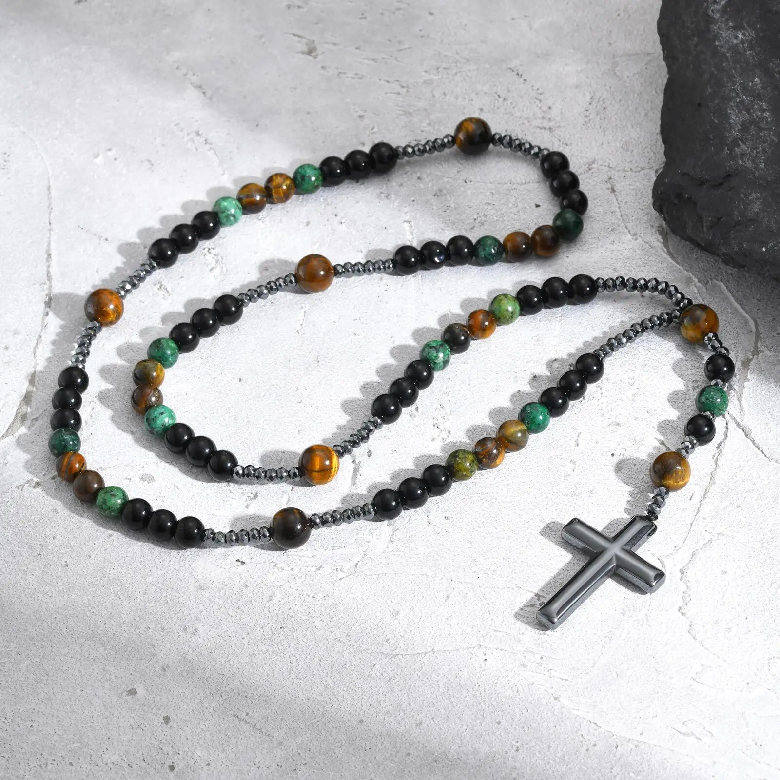 Vnox Natural Stone Power Banlace Healing Beads Necklaces for Men Women,Long Rosary Necklaces,Christian Prayer Faith Cross Collar