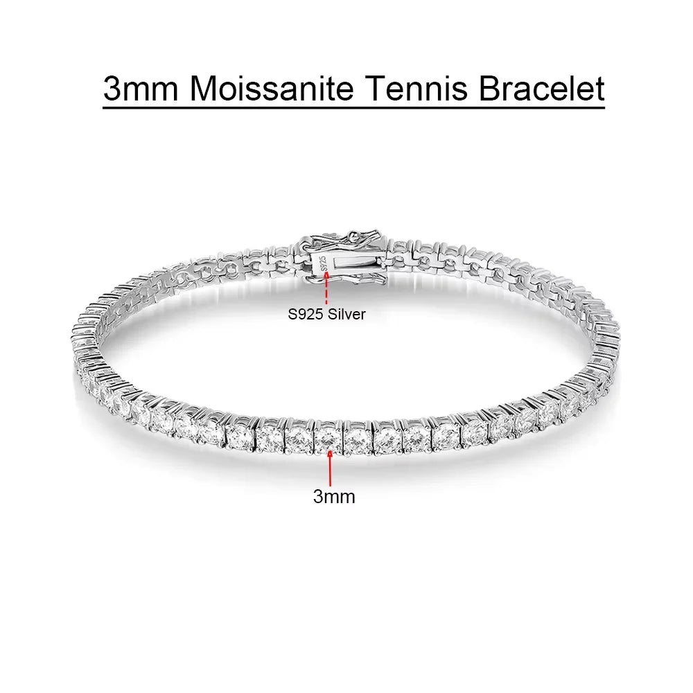 Serenity 3mm D Moissanite Tennis Bracelet for Women Man Gift 100% S925 Sterling Silver Lab Diamond Double Safety Lock Hand Chain - Madeinsea©