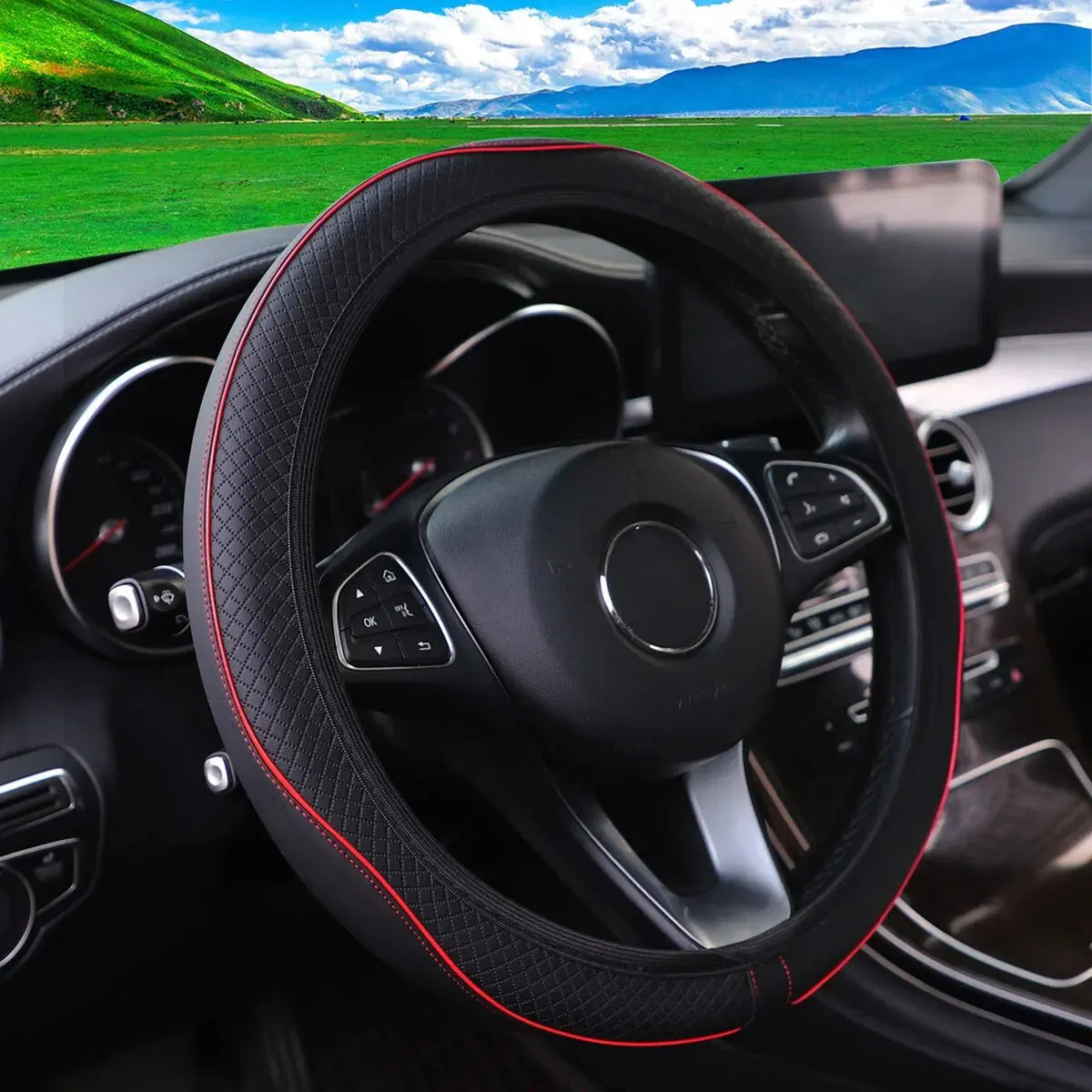 Skin Feeling Leather Color Stripe Emboweled Car without Inner Ring Steering Wheel Cover Automotive Supplies 14.5-15INCH - Madeinsea©