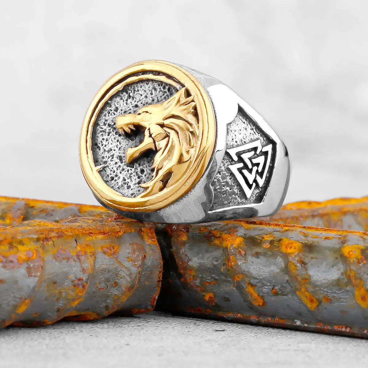 Stainless Steel Viking Wolf Head Ring Never Fade Gold Color Men's Hunting Game Hunter Wolf Claw Ring Nordic Wolf Jewelry Gifts