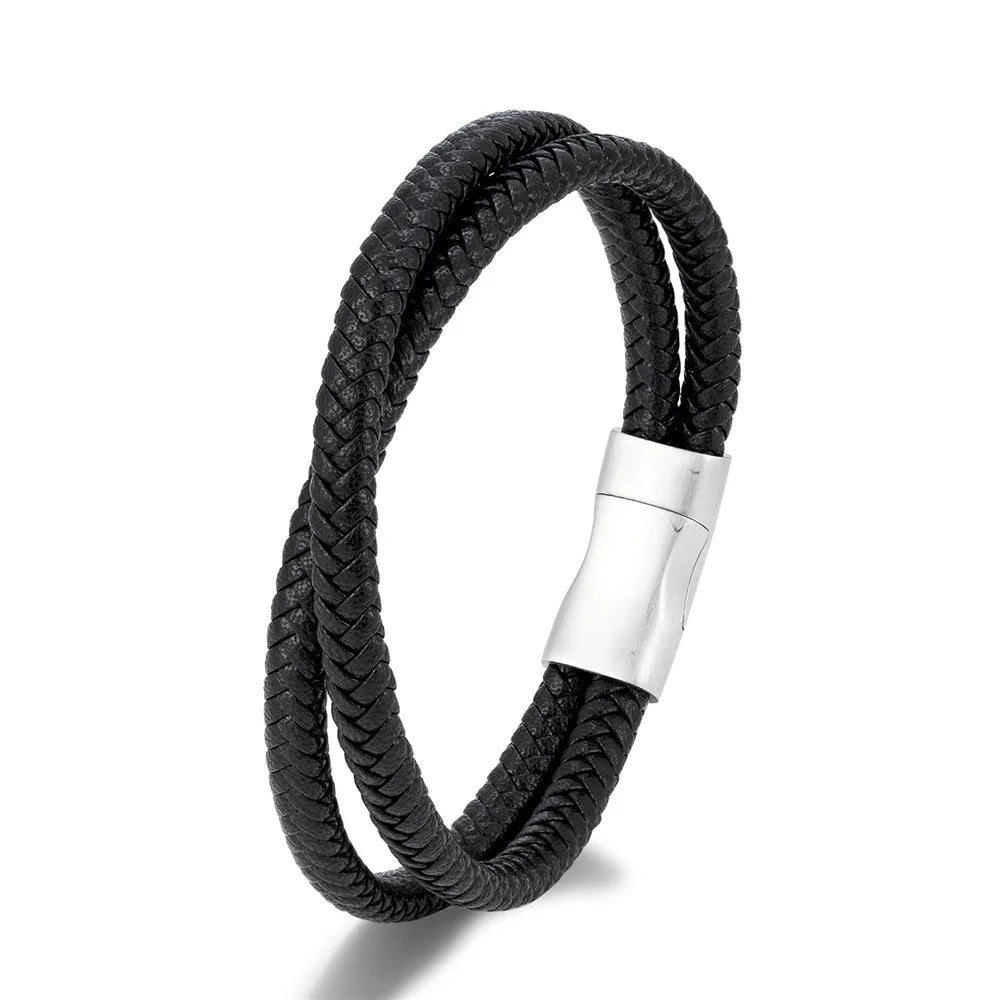 MKENDN Simple Style Men Braided Blue Brown and Black Leather Bracelet Matte Black Stainless Steel Button Accessories Jewelry