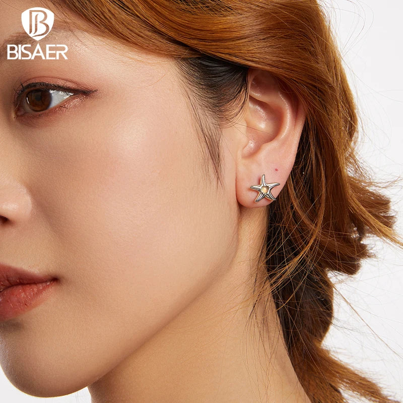 BISAER 925 Sterling Silver Starfish Stud Earrings Heart Glass Marine Animals Stud Ear for Women Party Fine Jewelry Holiday Gift