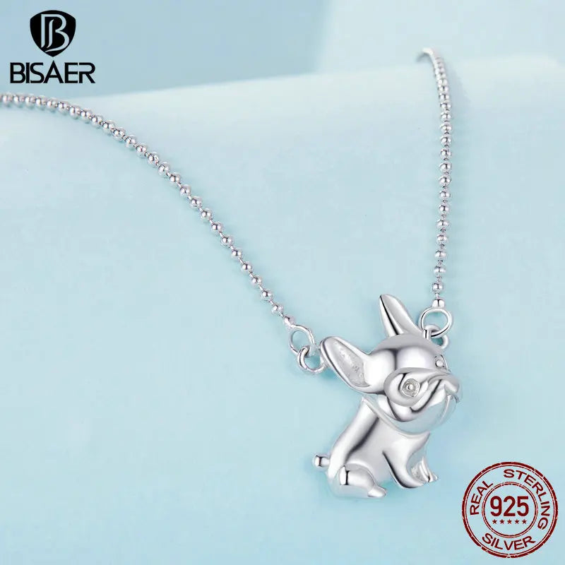 BISAER 925 Sterling Silver Cute French Bulldog Necklace Pet Dog Adjustable Chain Plated White Gold for Woman Party Fine Jewelry