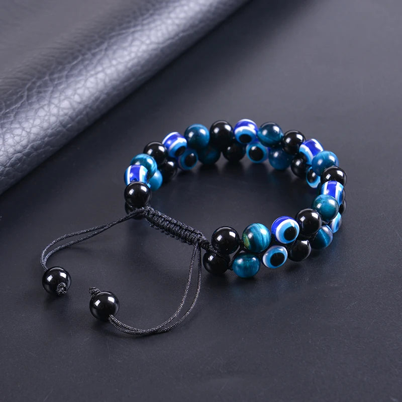 8MM Evil Eye Triple Protection Bracelet Blue Tiger Eye Stone Black Onyx Bracelet Healing Handmade Natural Stone Beads Bracelet