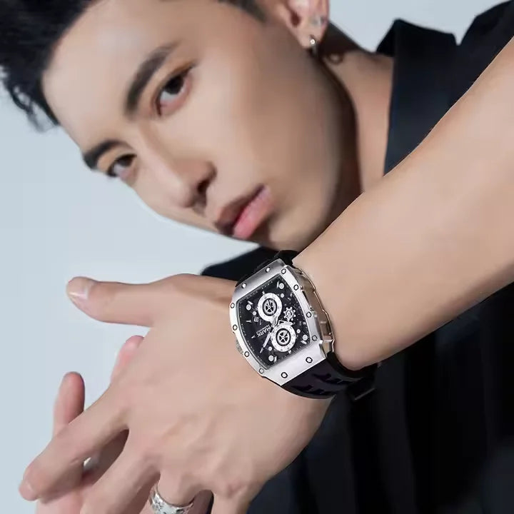 Montre homme Mark Fairwhale Sports, bracelet en silicone, style tonneau, montre de luxe multifonctionnelle étanche à quartz