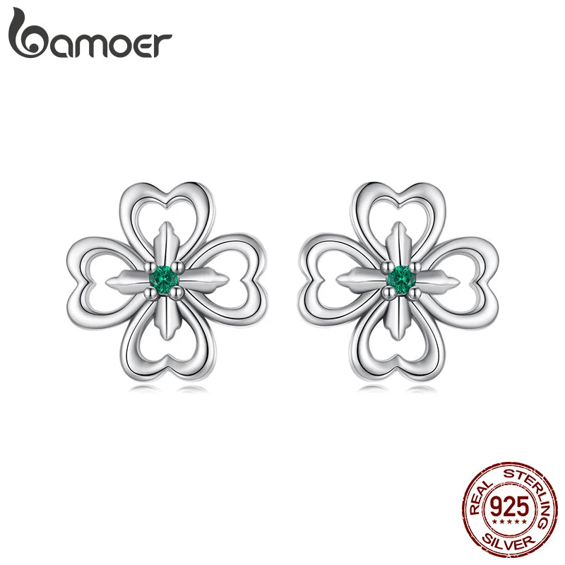 BAMOER Solid 925 Sterling Silver Four Leaf Clover Stud Earrings for Women Teens Hypoallergenic Small Cute Dainty Stud Earrings