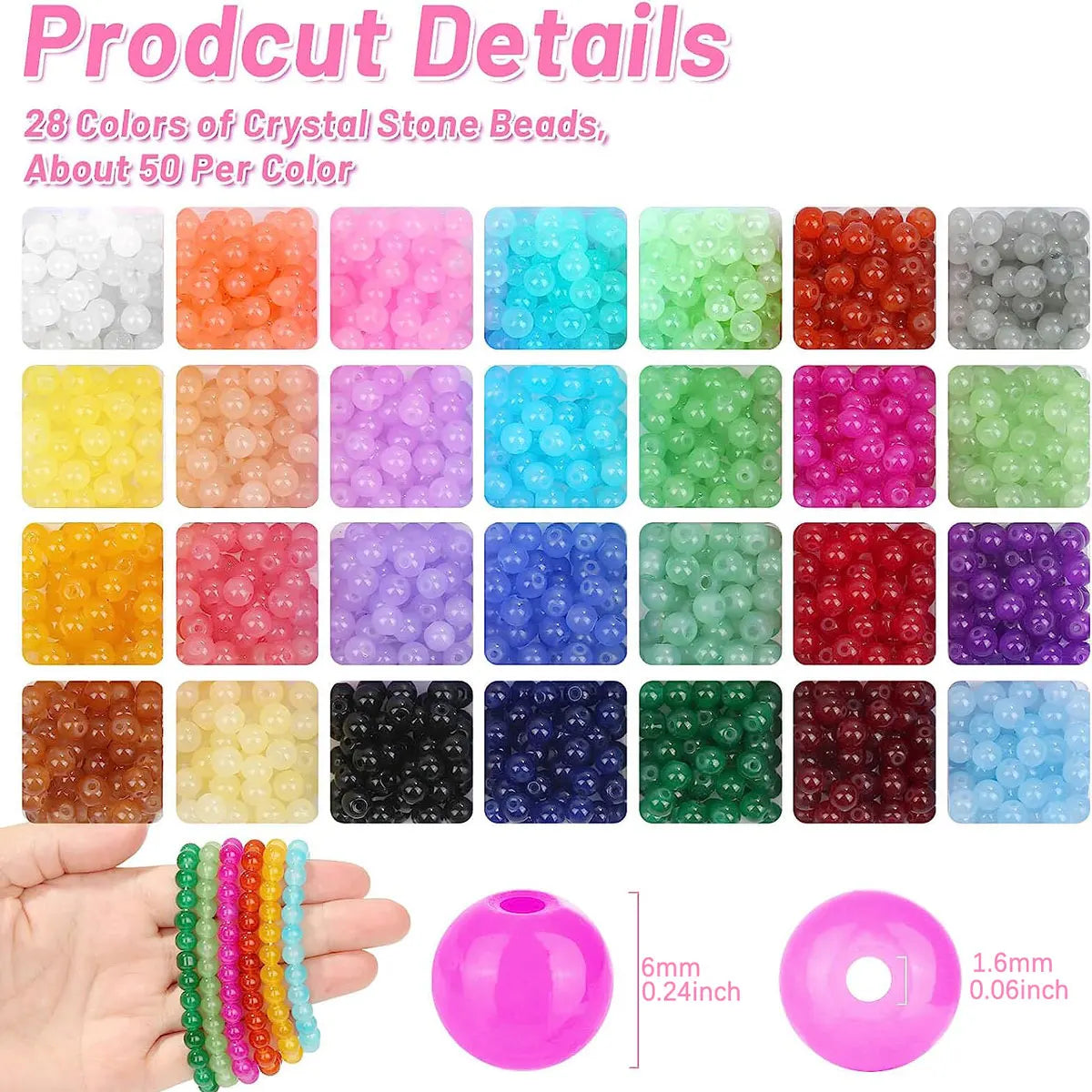 1400 Piecess 6mm Round Glass Beads For Jewelry Making, 28 Colors Crystal Beads For Bracelets Jewelry Making And DIY Crafts