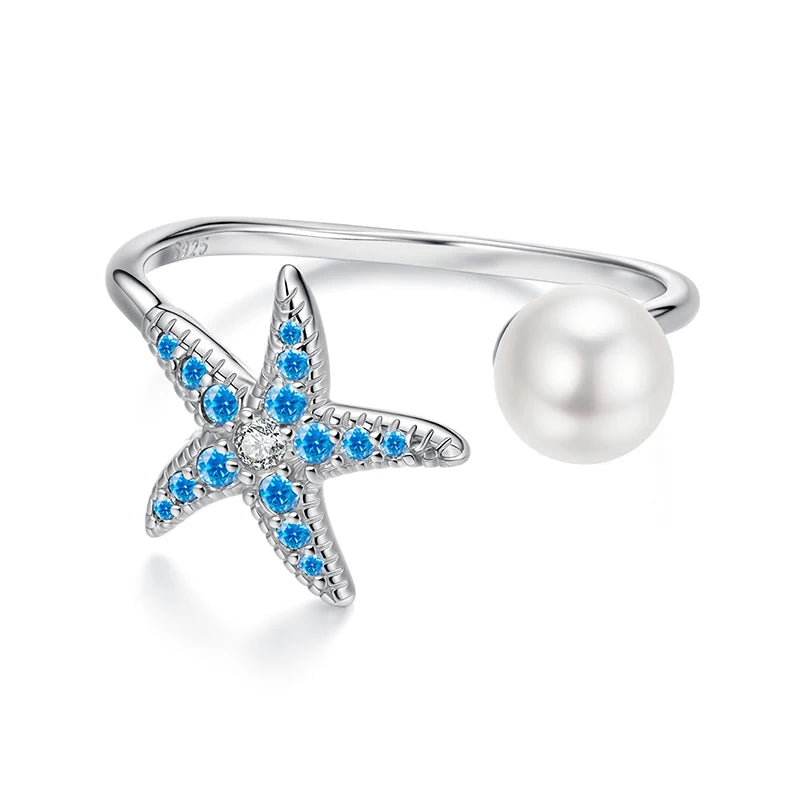 WOSTU Ocean Jewelry 925 Sterling Silver Starfish Turtle Open Ring Women Blue Conch Manta Fish Stackable Rings Holiday Beach Wear