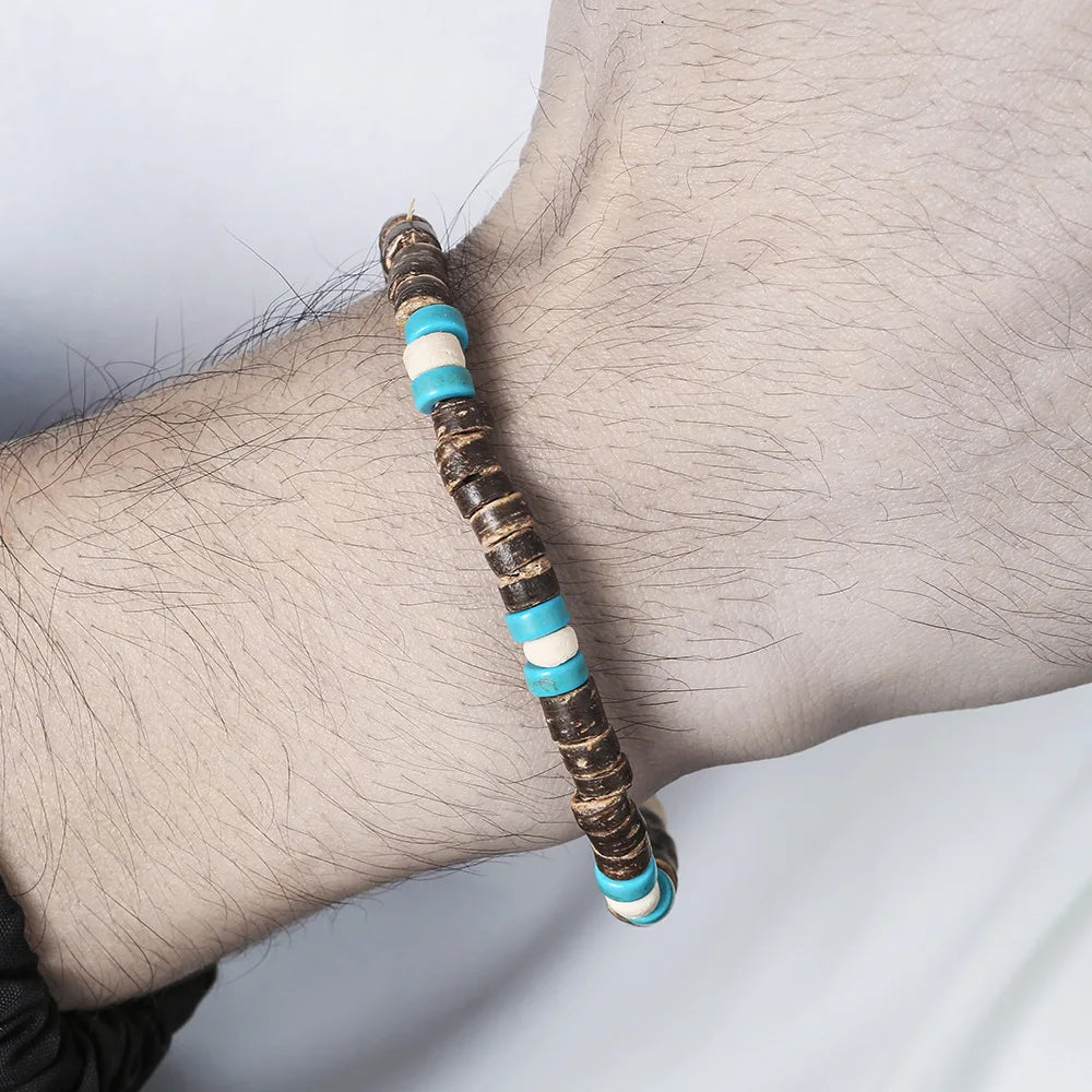 Coconut Turquoise Stone Wood Beads Bracelet Stackable Elastic Bracelet For Men and Women Retro Boho Vacation Jewelry Gifts