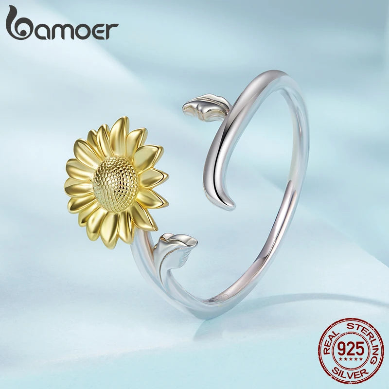 Bamoer 925 Sterling Silver Gold Sunflower Open Ring Adjusable Curved Band Flower Ring for Women Girls Lucky Birthday Gift