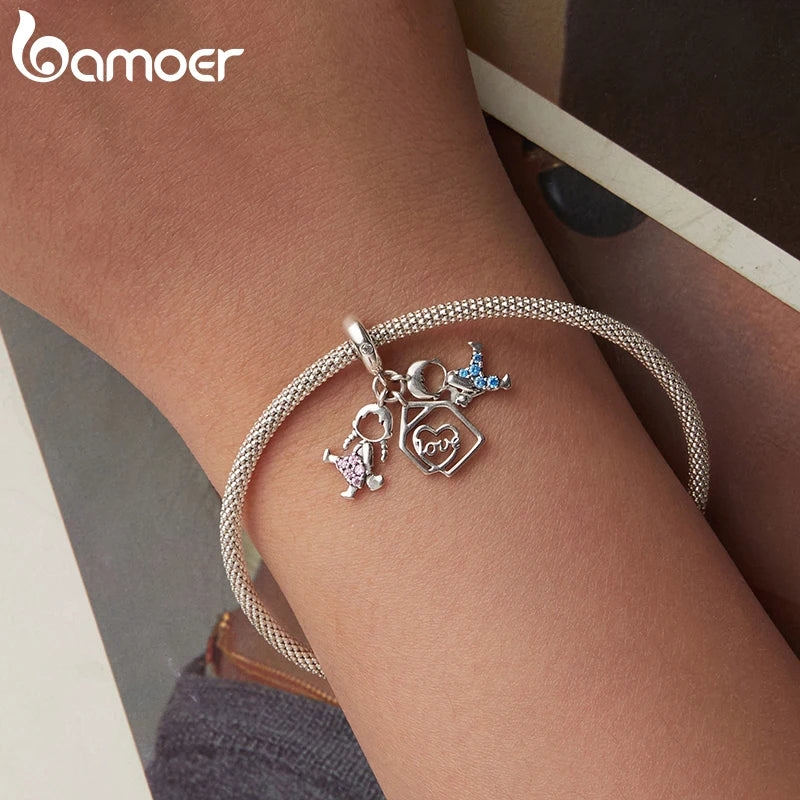 BAMOER 925 Sterling Silver Family Boy&Girl Charm Pendant fit Original Bracelet DIY Jewelry Accessories bamoer Beads