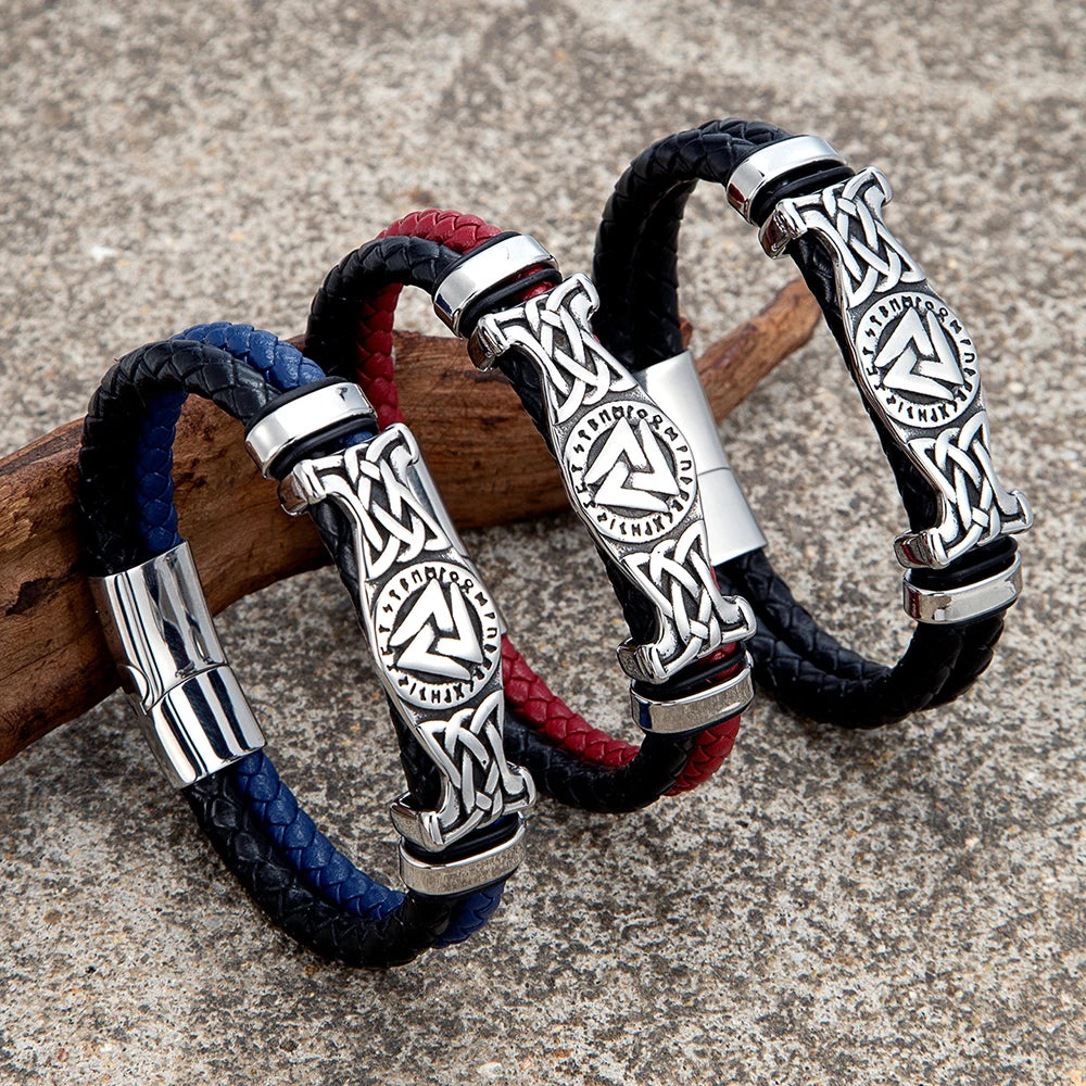 MKENDN Norse Viking Style Stainless Steel Compass Runes Amulet Braided Doublelayer Red Black Leather Bracelet Homme Pulseras