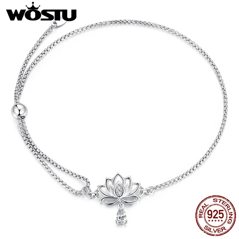 WOSTU Minimalist Lotus Flower Bracelet 925 Sterling Silver, Adjustable Chain with Cubic Zirconia Yoga Meditation Jewelry Gift
