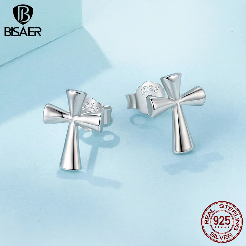 BISAER 925 Sterling Silver Cross Stud Earrings,Dainty Lightweight Hypoallergenic Stud Ear for Religious Women Party Fine Jewelry