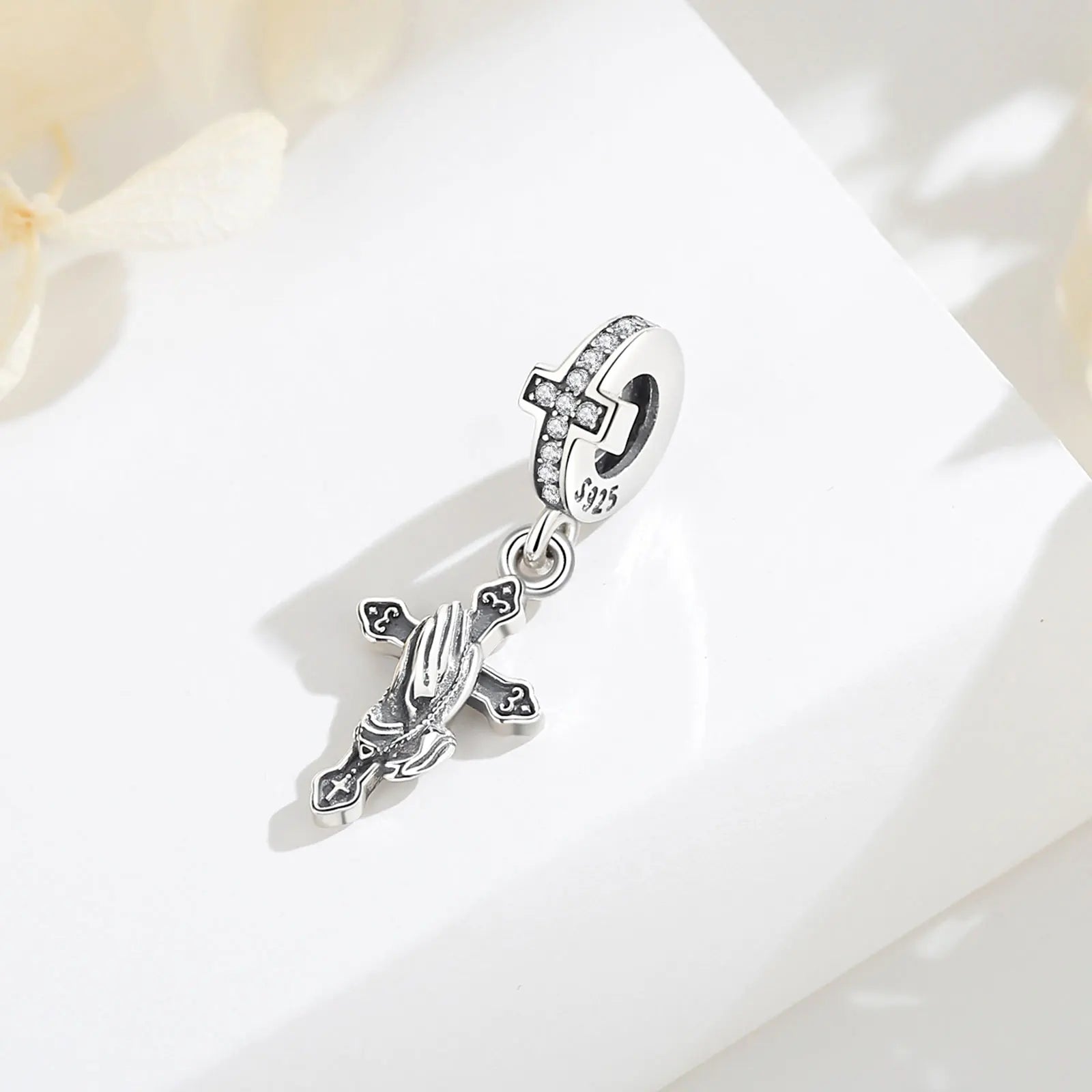 Eudora 925 Sterling Silver Vintage Cross Prayer Hands Pendant Necklace DIY Zircon Christianity Religious Jewelry for Women Men