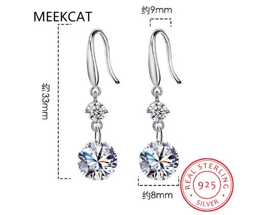 100% Real Silver 925 D Color 6.5mm Moissanite Diamond Hook Earrings Dangle Drop Earring for Women Wedding Jewelry Valentine Gift