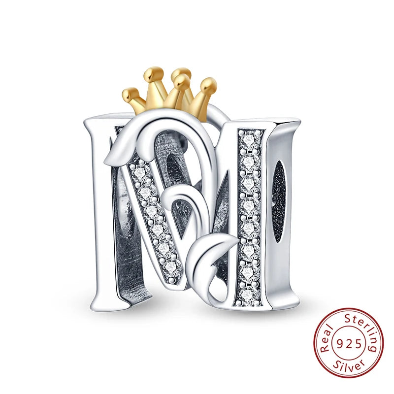 925 Sterling Silver 26 Alphabet A-Z Crown Letters Charms Bead Fit Original Bracelet Fine DIY Charm For Woman Anniversary Jewelry
