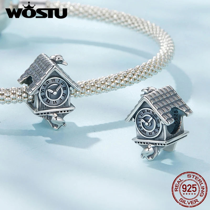 WOSTU Retro 925 Sterling Silver Cuckoo Clock Charm Vintage House Clock Beads Fit Original Bracelet Jewelry Making DIY Gift