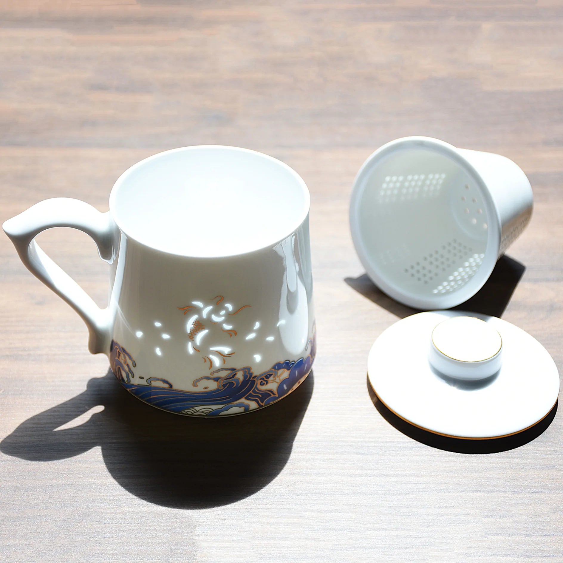 LIANHUA POTTERY Linglong Porcelain Mug with Tea Strainer Handcrafted Pierced Golden Koi and Blue Wave Cup Luxury Anniversar Gift