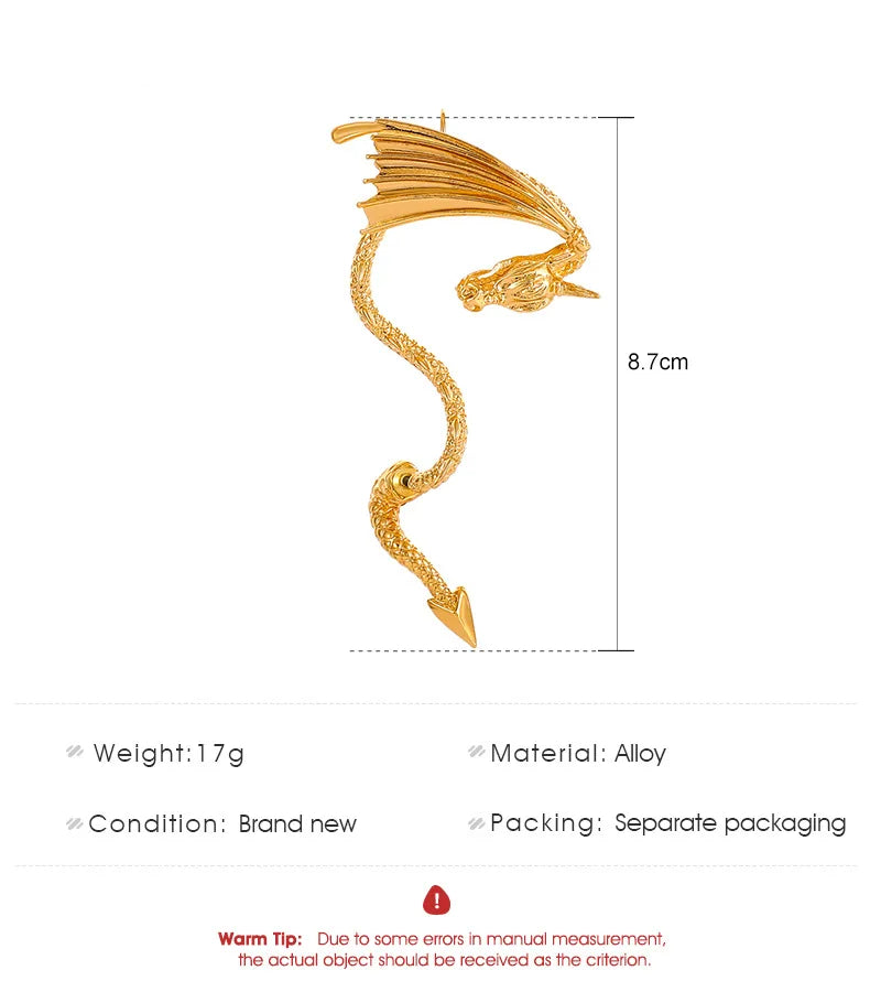 1Pc Vintage Fly Dragon Clip Earrings for Women Punk Gold Color Piercing Ear Cuff Hanging Stud Earring Trend Party Jewelry