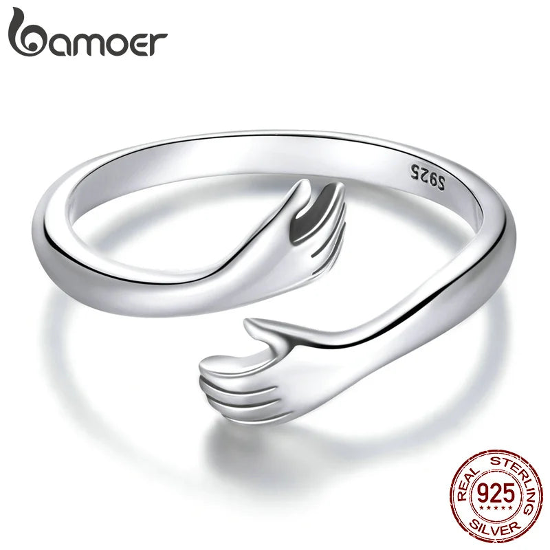BAMOER 925 Sterling Silber Umarmung Wärme und Liebe Hand verstellbarer Ring für Frauen Partyschmuck, Sein großer liebevoller Umarmungsring 3 Farben