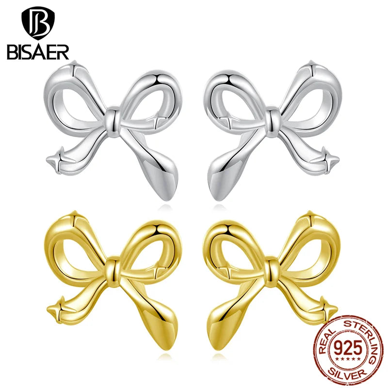 BISAER Solid 925 Sterling Silver Bow Stud Earrings Bowknot Hypoallergenic Stud Ear Plated Gold for Romantic Women Fine Jewelry
