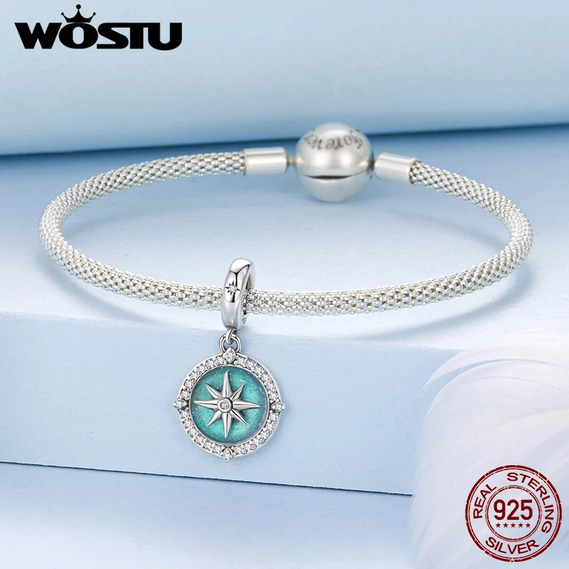 WOSTU 925 Sterling Silver Enamel compass Pendant Charm For Women