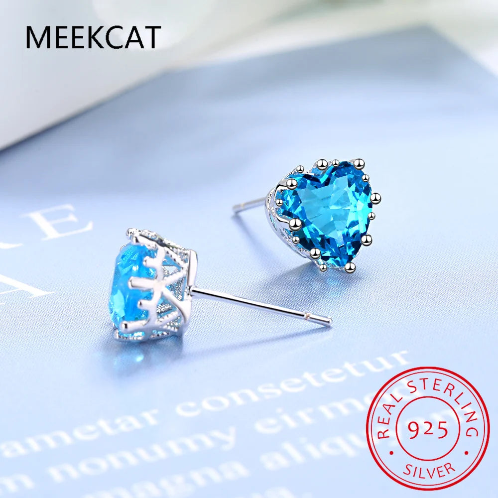 1.8ct Genuine Blue Topaz 925 Sterling Silver Heart Stud Earrings for Women Gemstone Fine Jewelry Wedding Gift