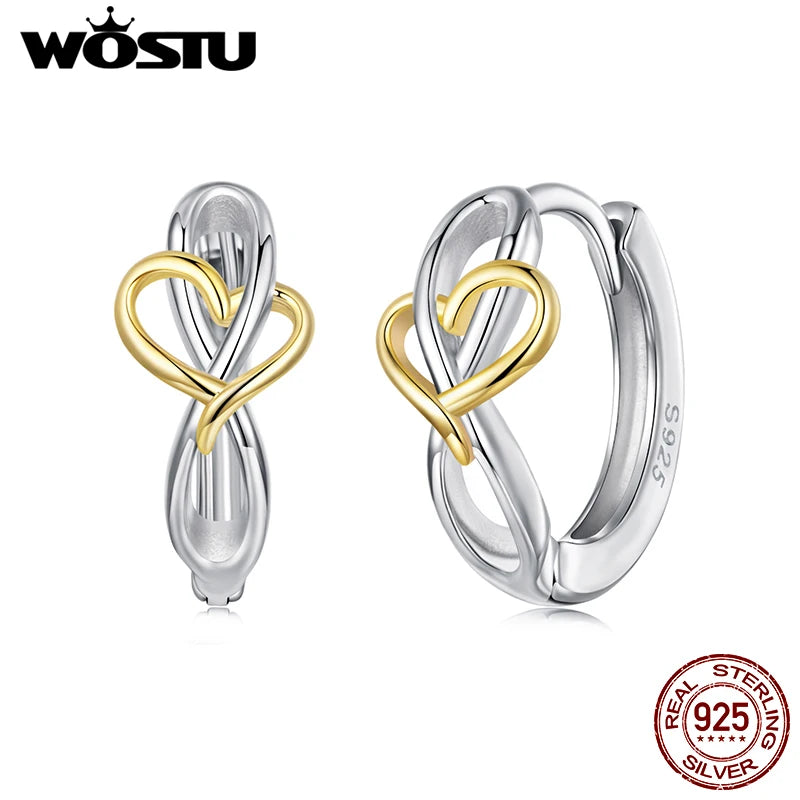 WOSTU Two Tone Gold 925 Sterling Silver Gold Heart Huggies Earrings For Women Lovely Ear Hoops Fine Jewelry Gift