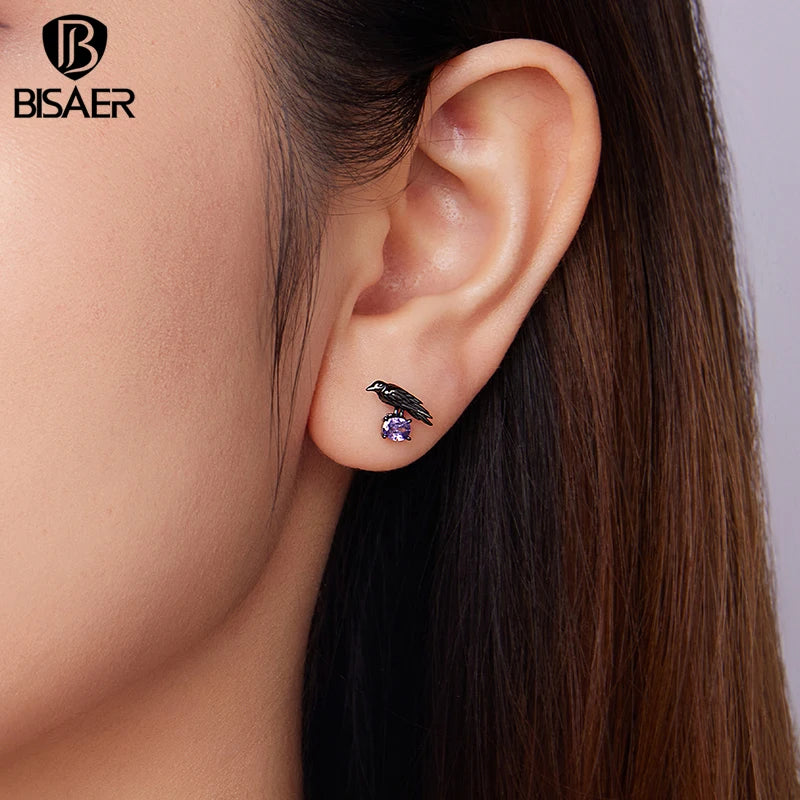 BISAER Crow Stud Earrings 925 Sterling Silver Purple CZ Hypoallergenic Plated Black Gold Stud Ear for Women Party Fine Jewelry