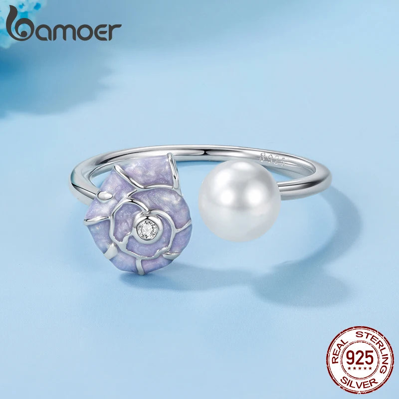 Bague BAMOER en argent sterling 925, motif coquillage, bague empilable, bague ouverte ajustable avec motif animaux mignons, cadeau d'anniversaire BSR670-E