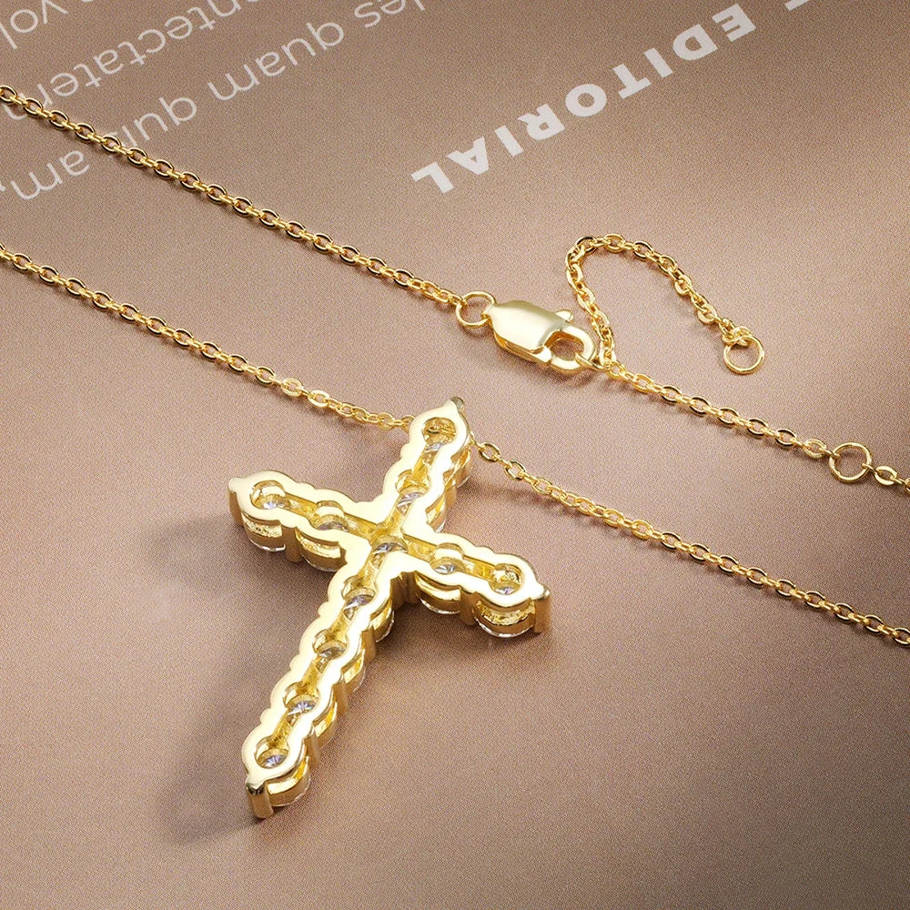 3mm Gold Color Moissanite Cross Necklace for Women Men Gift Sparkling Lab Diamond Pendant Necklace S925 Sterling Silver Jewelry