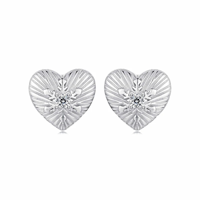 WOSTU 925 Sterling Silver Snowflake Heart Stud Earrings For Women, Winter Jewelry AAA Zircon Ear Studs Xmas New Year Gift