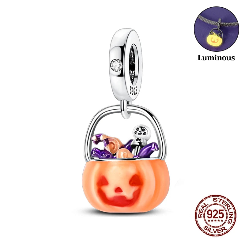 New 925 Sterling Silver Luminous Halloween Skull Witch Pumpkin Candy Charms Beads Fit 3mm Original Bracelets Party Jewelry