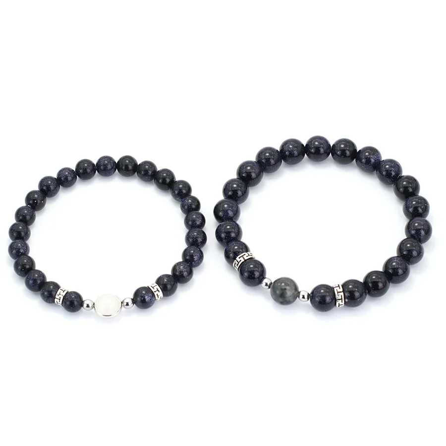 Romantic 2Pcs/Pair Couple Bracelet 8mm 10mm Beads Strand Braslet Valentine Day Gift Obsidian Blue Sandstone Matching Braclet