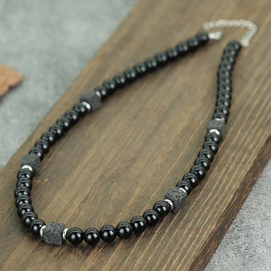 New Men Necklace Black Lava Onyx Obsidian Stone 19 Inches Choker Collar Energy Yoga Meditation Healing Jewelry Neck Accessories