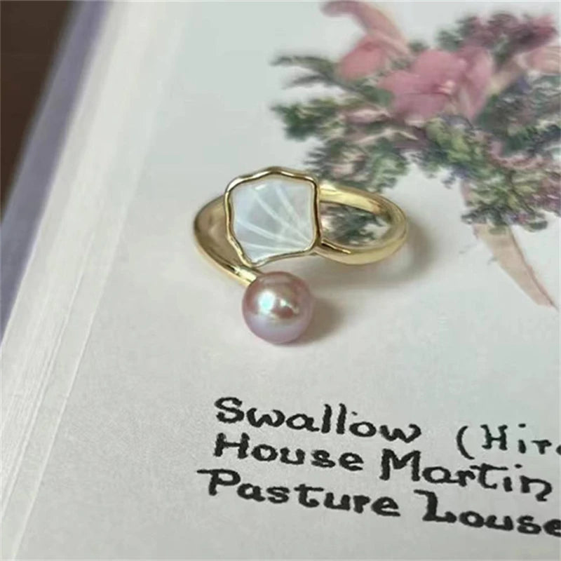 New Fashion Seashell Pearl Rings for Women Trendy French Style Rose Flower Shell Index Finger Ring Girl Party Aesthetics Jewelry