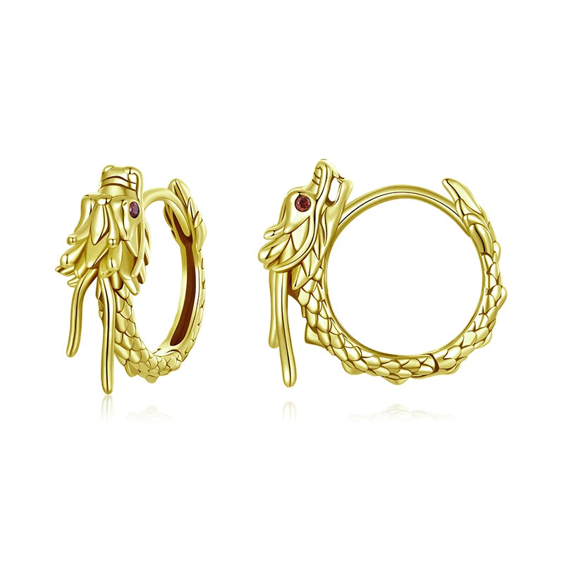 WOSTU Vintage 925 Sterling Silver Dragon Hoop Earrings Women 18K Gold Lucky Gothic Animal Dragon Punk Hoops Cool Birthday gift
