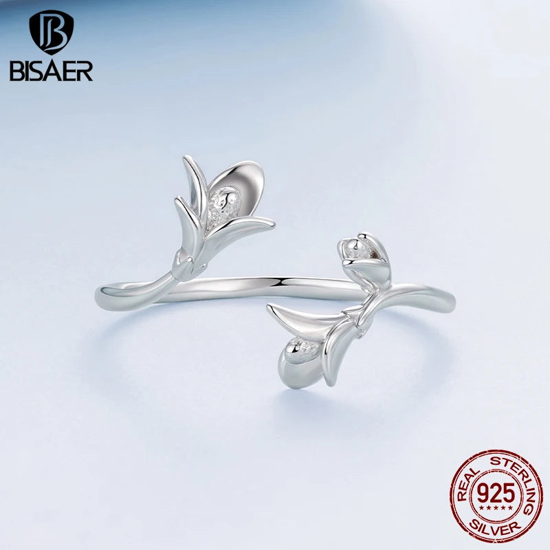 BISAER Real 925 Sterling Silver Lavender Open Ring Blooming Flowers Stackable Band Adjustable 5-8 for Women Party Fine Jewelry