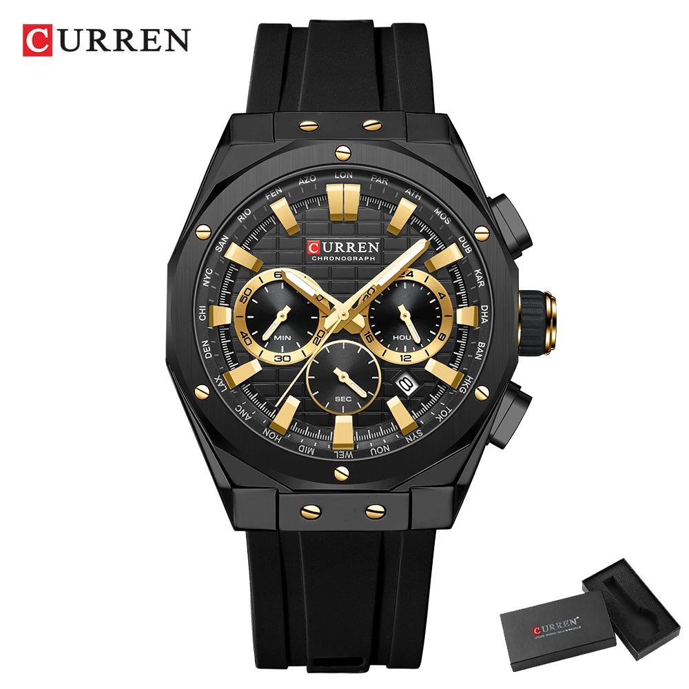 CURREN Casual Sports Quartz Watches for Men Silicone Band Business Chronograph Wristwatch with Date