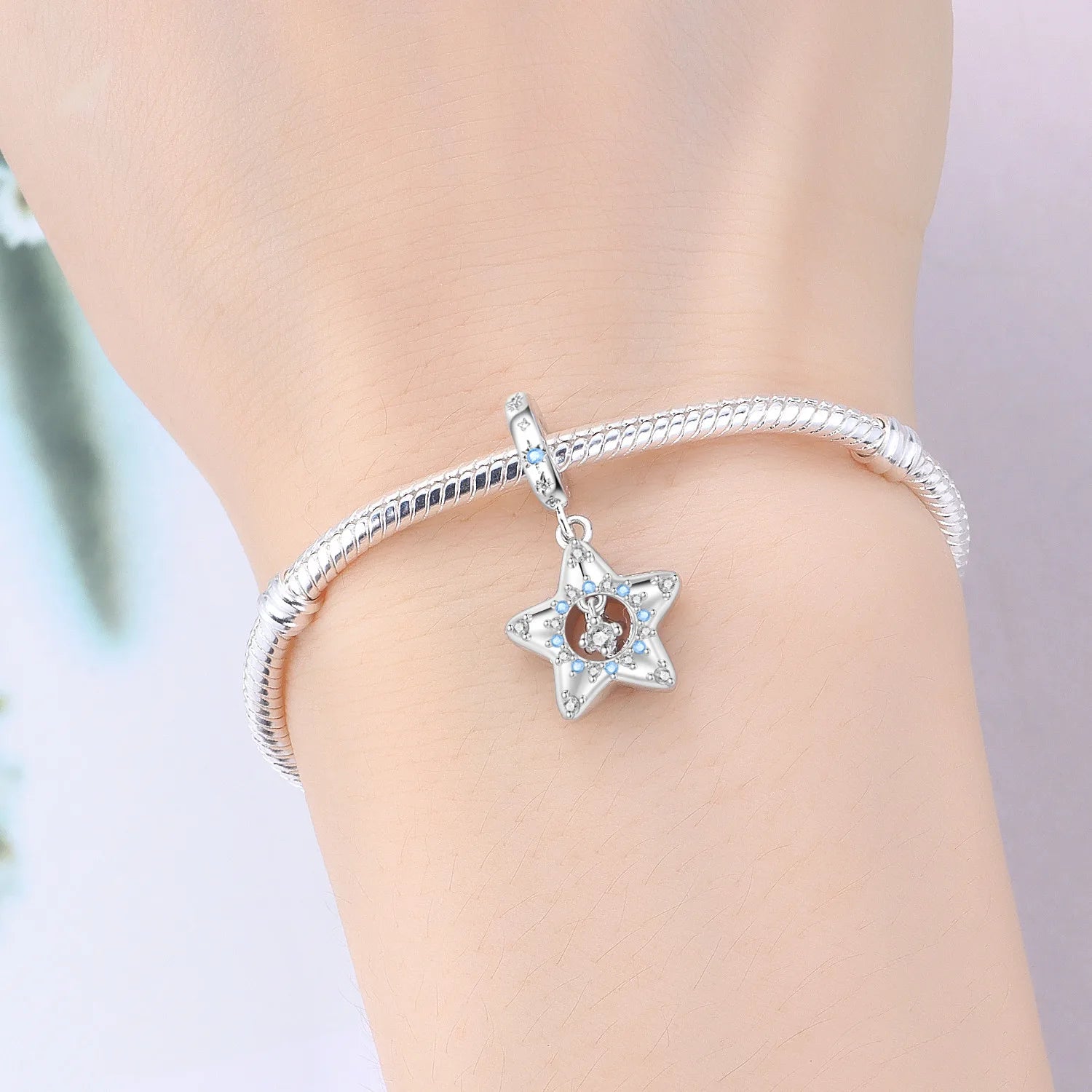 PANPOKI 925 Sterling Silver Sparkling Star Beads Original Pendant Bracelet Charm Jewelry Party DIY Trendy Gifts